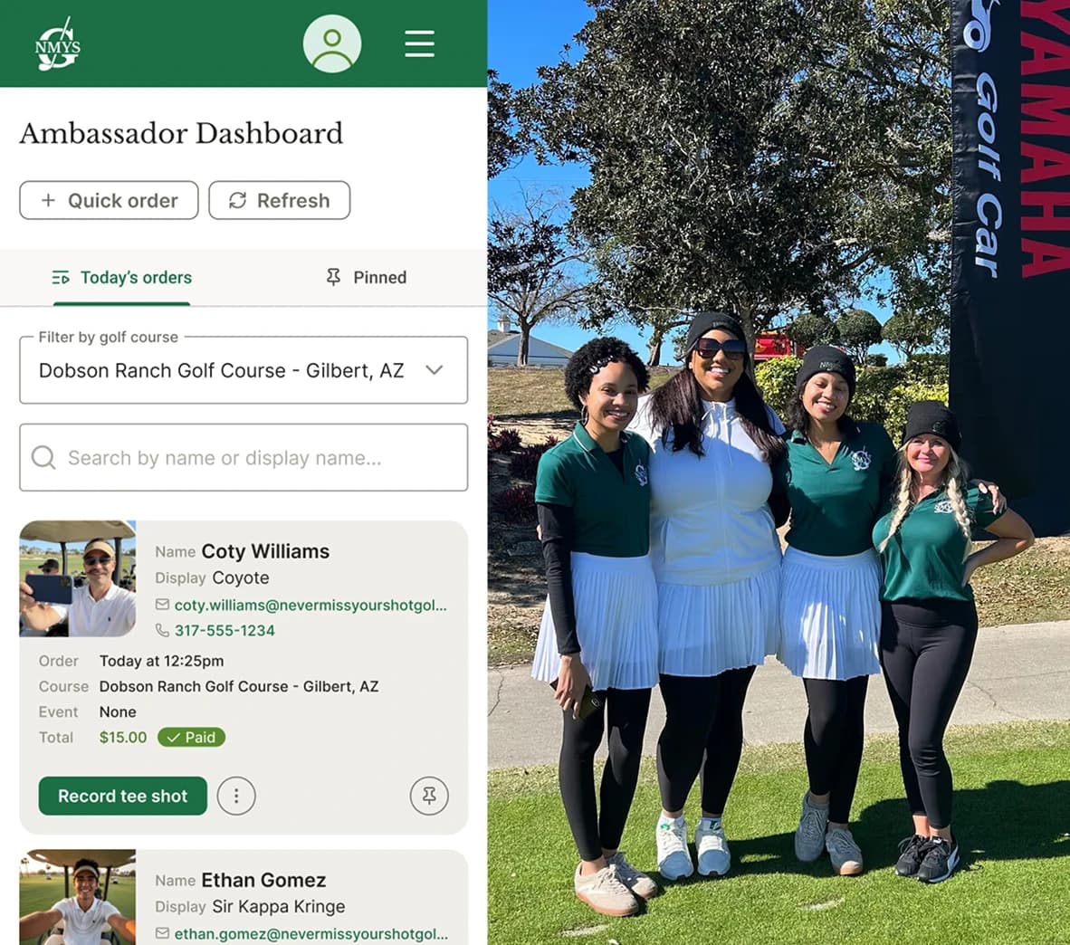 The NMYSG ambassador dashboard with orders, search, course filtering, and registration controls alongside the field team.