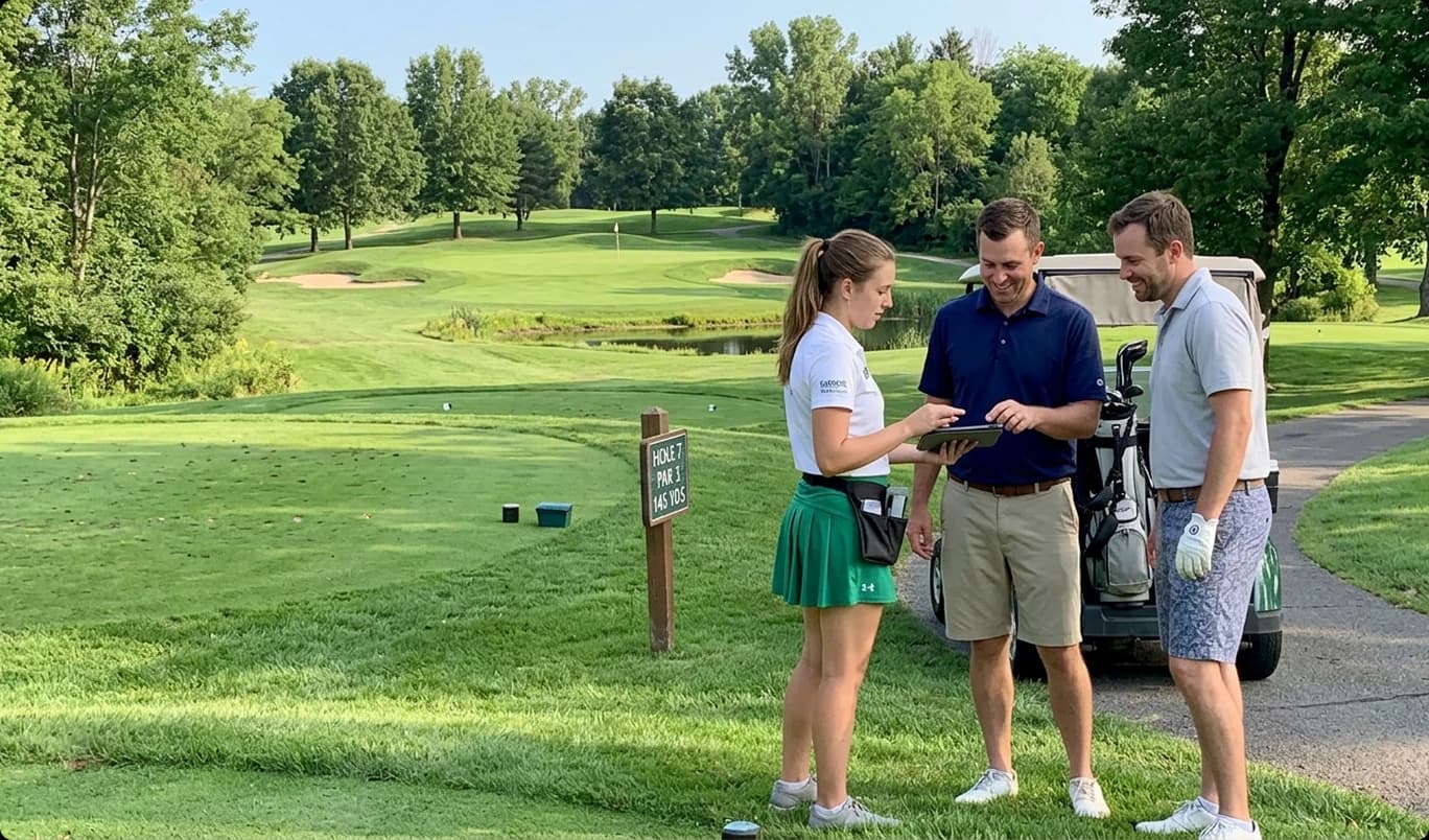 An NMYSG ambassador helps two golfers register on a golf course.