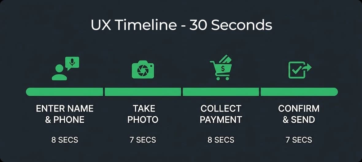 A 30-second signup time budget allocates 8 seconds to name and phone, 7 to a photo, 8 to payment, and 7 to confirmation.