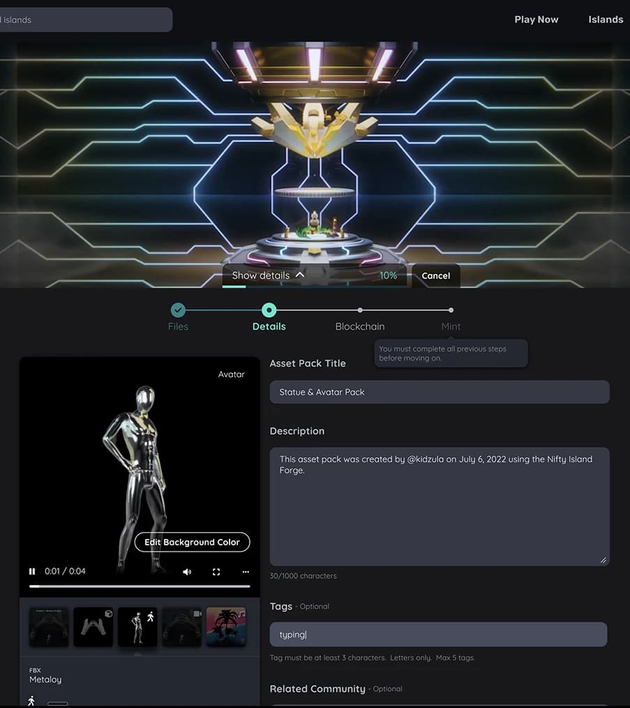 The Forge asset importer displays a 3D asset preview, upload steps, and fields for asset details.