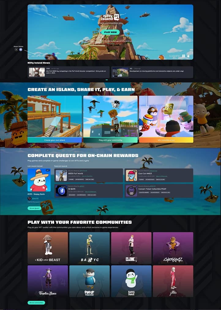 Nifty Island’s homepage combines island imagery, community content, reward quests, and playable characters.