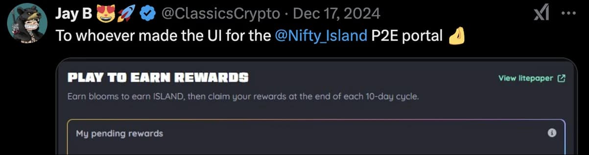 An archived player post praises the UI of Nifty Island’s play-to-earn rewards portal.