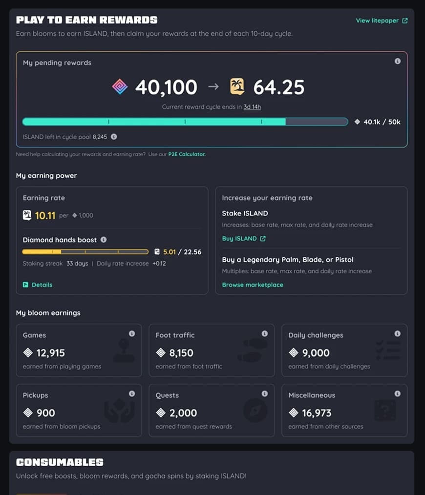 The Nifty Island rewards dashboard shows pending rewards, progress, earnings, and activity statistics.