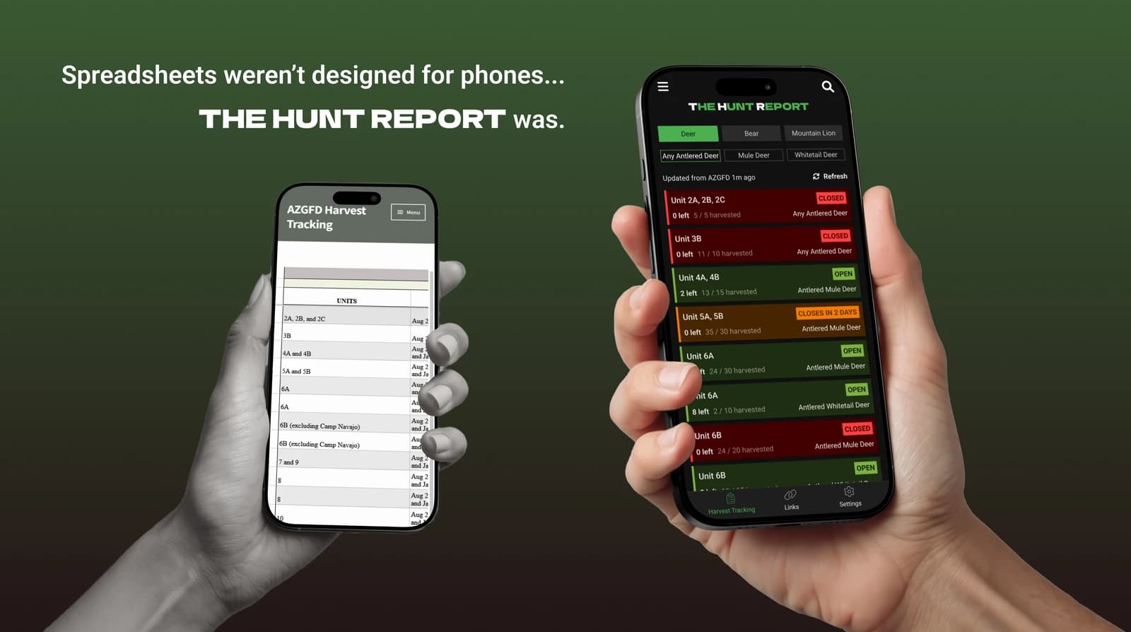 Two phones show the contrast between AZGFD’s old spreadsheet and The Hunt Report’s mobile quota dashboard.
