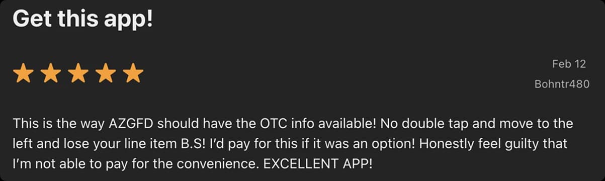 An archived App Store review titled Get this app gives five stars and praises the convenience of the interface.
