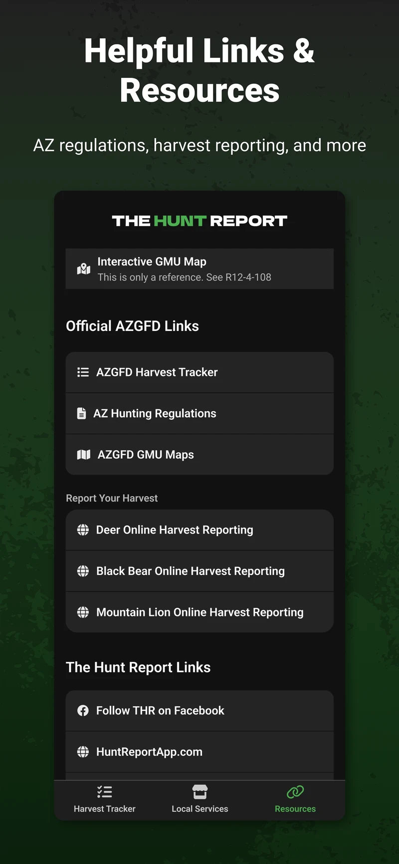 The Hunt Report resources screen with an interactive unit map and links to official AZGFD information.