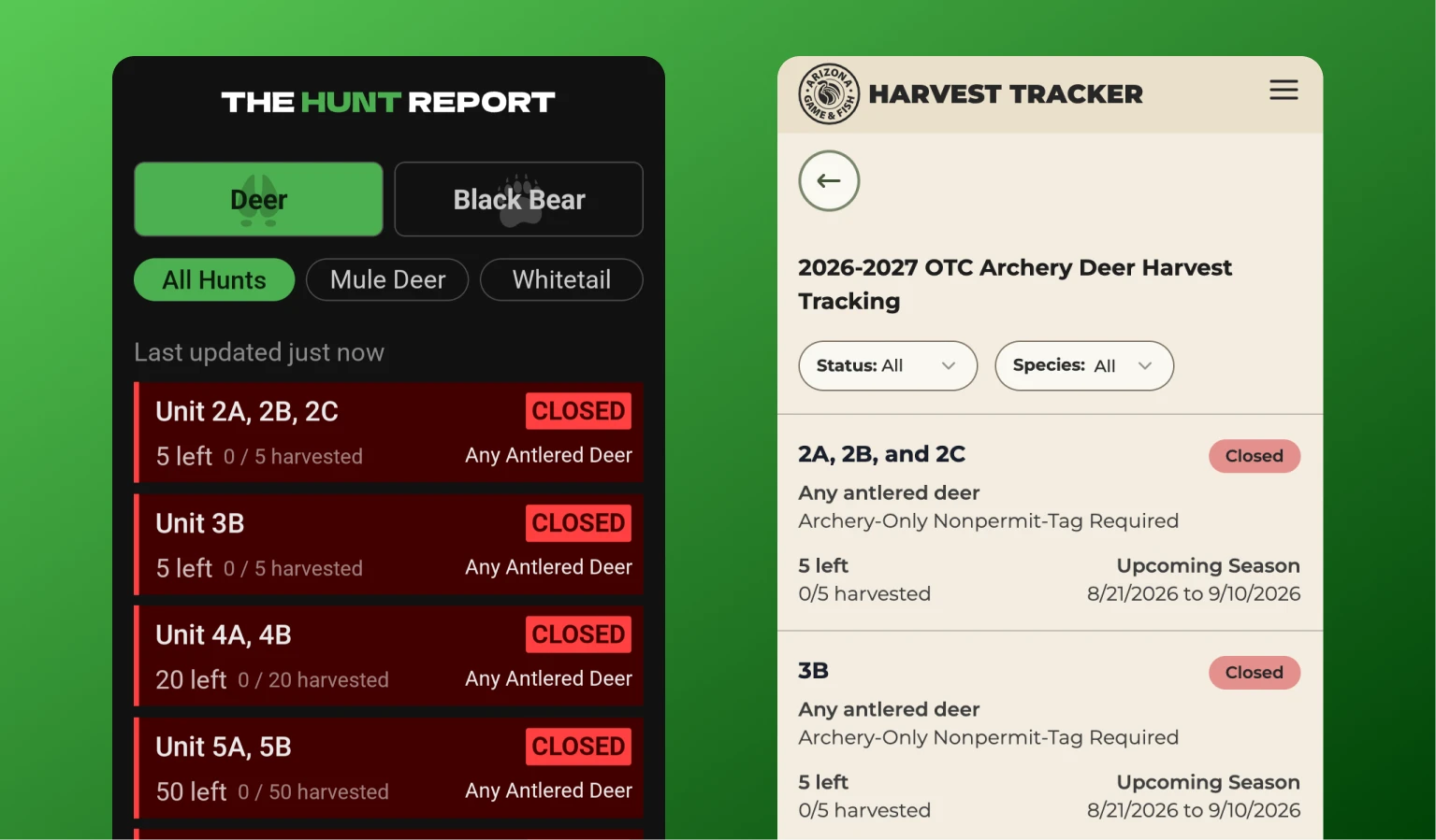 A side-by-side comparison of The Hunt Report and AZGFD’s newer official harvest tracker, both showing species filters and labeled unit-status cards.