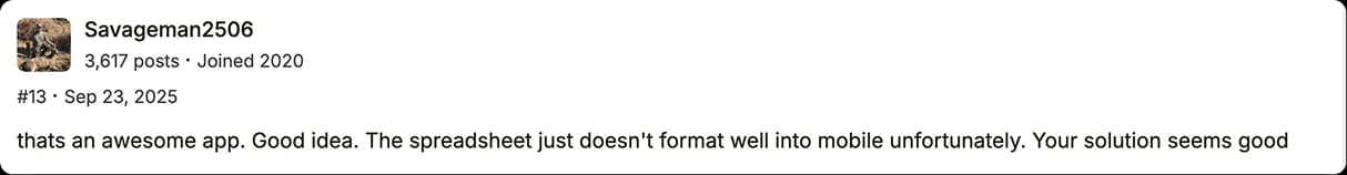 Forum member Savageman2506 says the spreadsheet does not format well on mobile and welcomes the app idea.