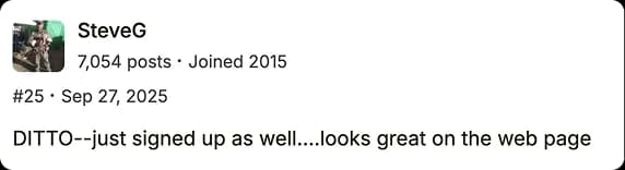 Forum member SteveG confirms signing up and responds positively to the landing page.