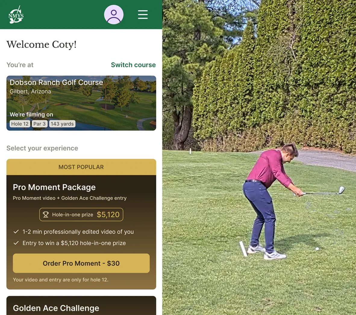 The NMYSG signup and purchasing interface alongside a golfer on the course.
