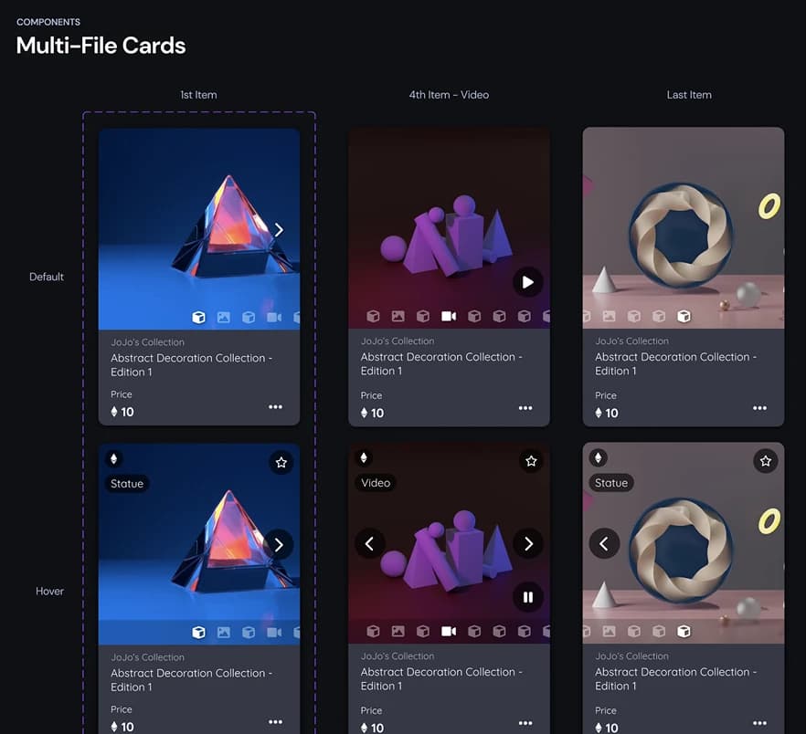 Reusable cards for images, video, and 3D assets