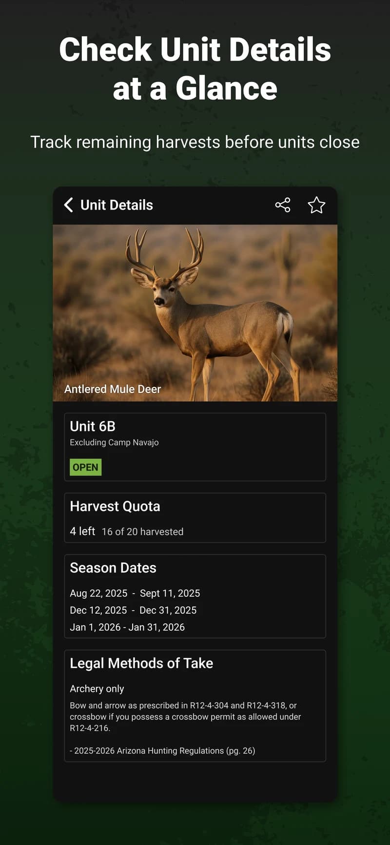 A Hunt Report unit detail screen showing a mule deer, open status, harvest quota, and season dates.